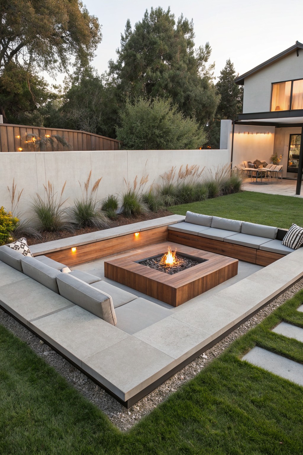 Square sunken fire pit with flames in the center, surrounded by wooden L-shaped benches on a light gray concrete platform in a backyard with grass borders and tall ornamental grasses.