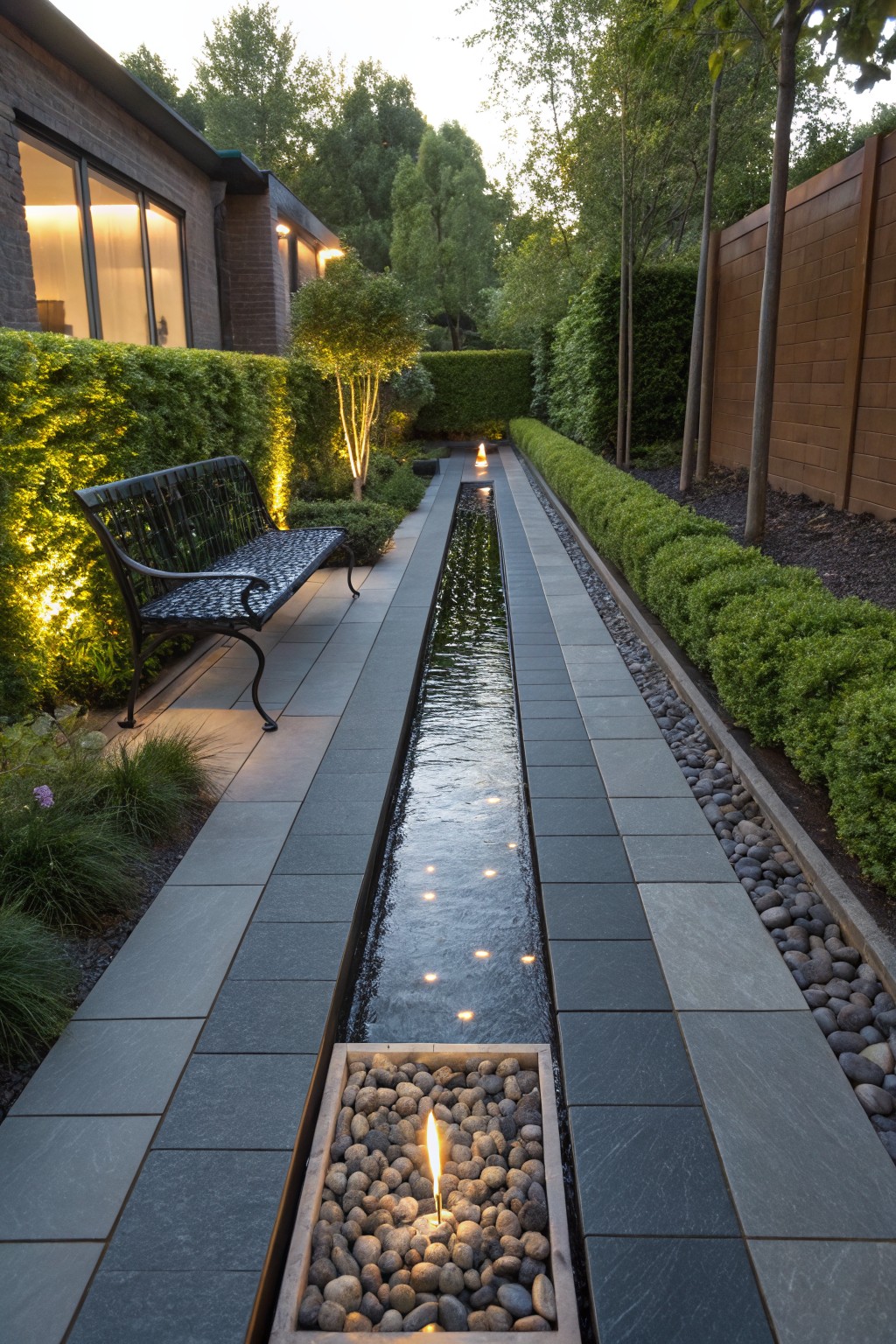 Narrow reflecting water channel pathway in a backyard, lined with dark stone pavers and gravel, flanked by trimmed green hedges and ornamental grasses, with a black metal bench nearby and a wood-framed fire pit basin at the end, modern brick house in background.