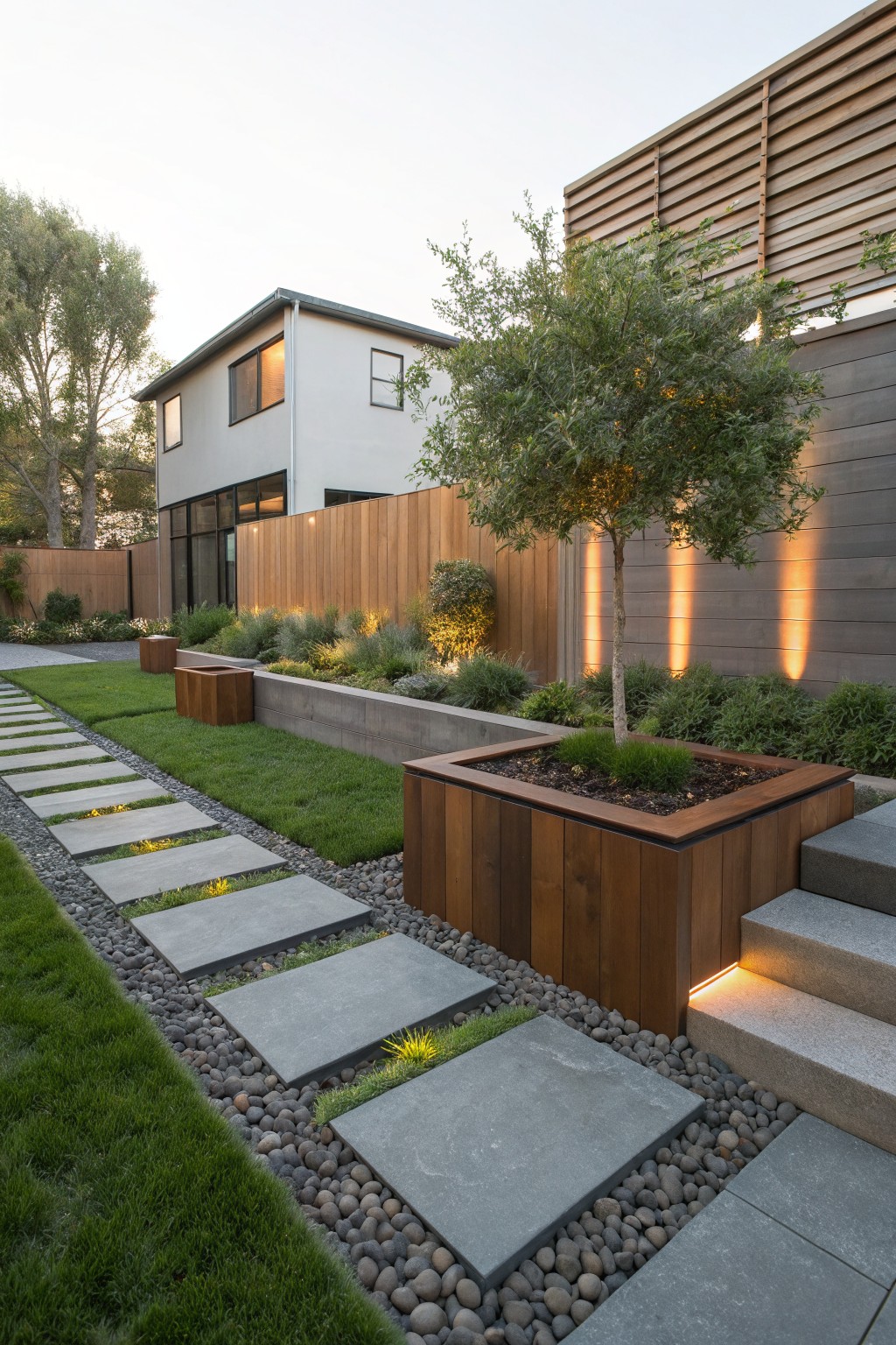Backyard path of large rectangular gray concrete pavers spaced apart in a strip of lawn and gravel, bordered by wooden planters, raised beds with plants, and a modern house with cedar fence and uplights in the background.