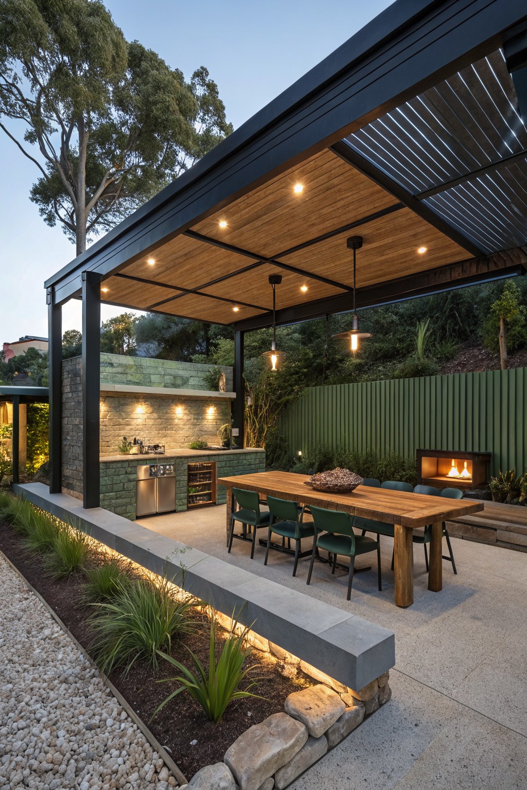 A covered outdoor patio features a wooden dining table with green chairs, an outdoor kitchen with green stone walls and stainless appliances, and a built-in fireplace against a green fence.