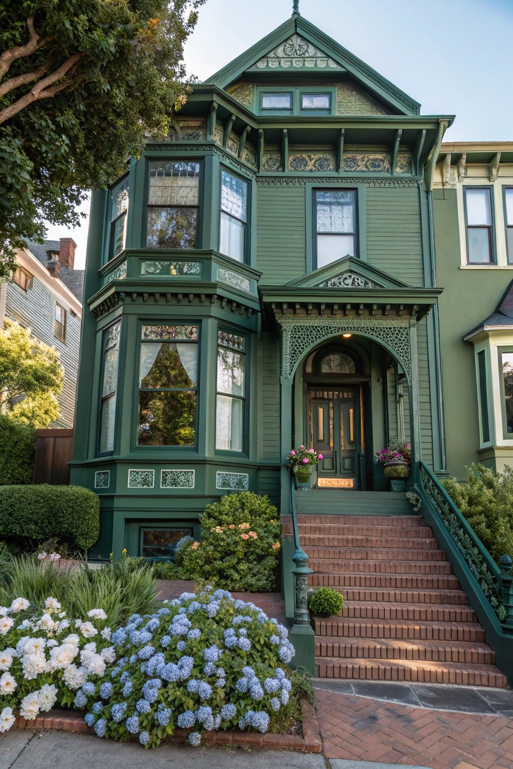 A large green Victorian-style house with a prominent bay window, arched front entry, brick stairs, and dense white and blue hydrangeas in the foreground garden.