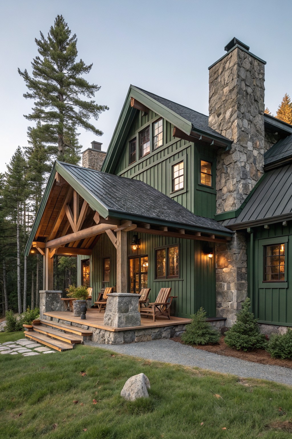 A two-story house with dark green siding, stone chimney, wooden porch, and surrounding tall pine trees on a grassy lot.