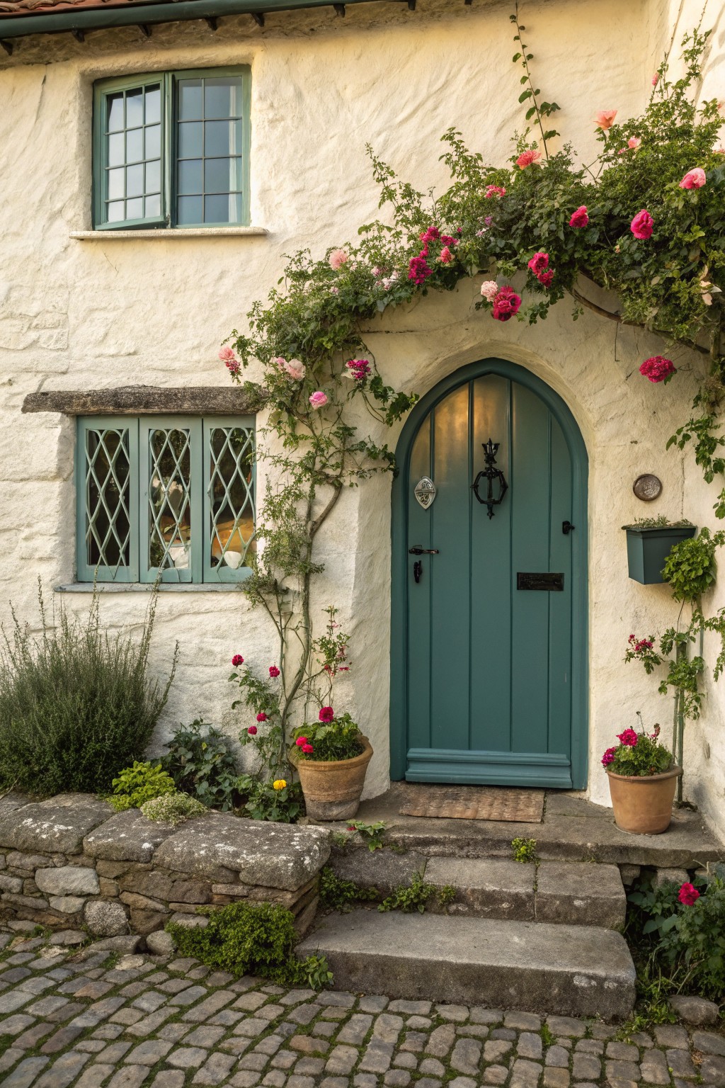 A white stucco house exterior with a teal green arched door, matching window frames, pink climbing roses over the entrance, and stone steps leading to a cobblestone path.