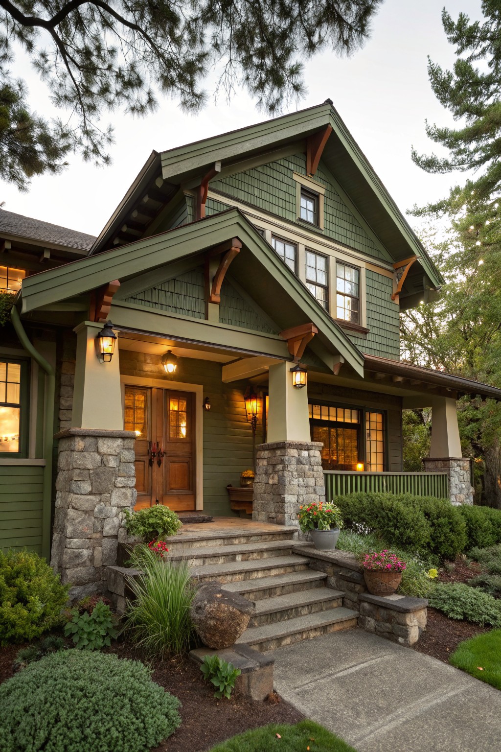 A two-story house with green shingle siding, stone porch columns, a wooden front door, and stone steps, surrounded by trees and landscaped garden beds.