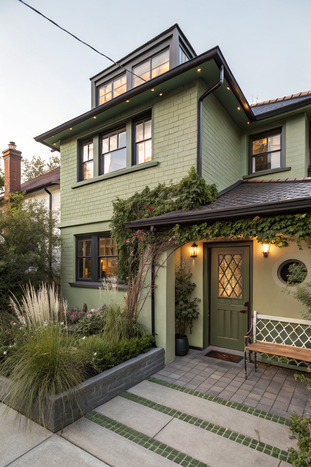 A two-story house painted in muted green with dark trim, a matching green door, climbing vines, and a stone pathway leading to the entrance.