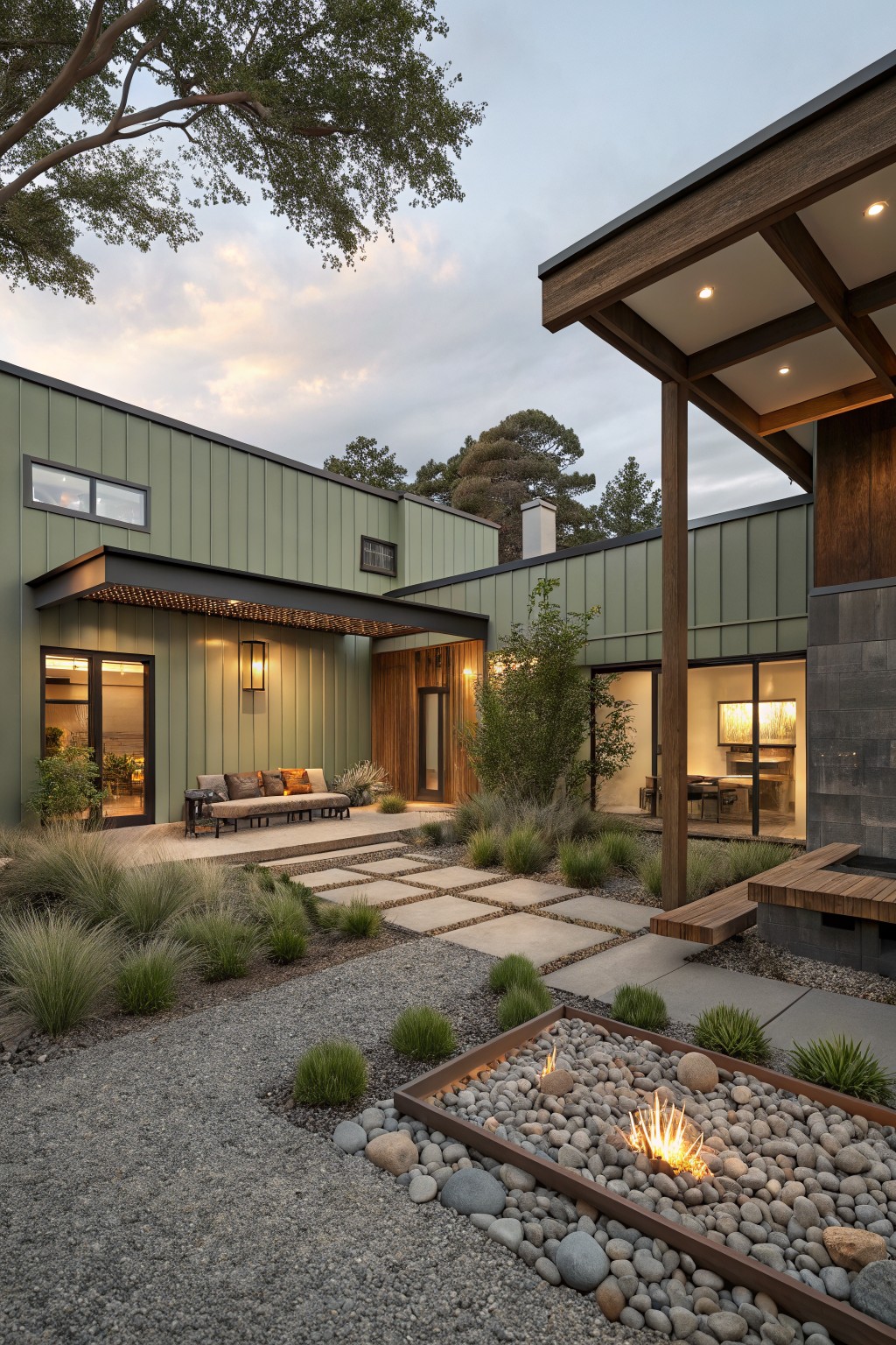 Modern house with sage green siding, wood accents, stone pathways, and a landscaped courtyard with a pebble fire pit.