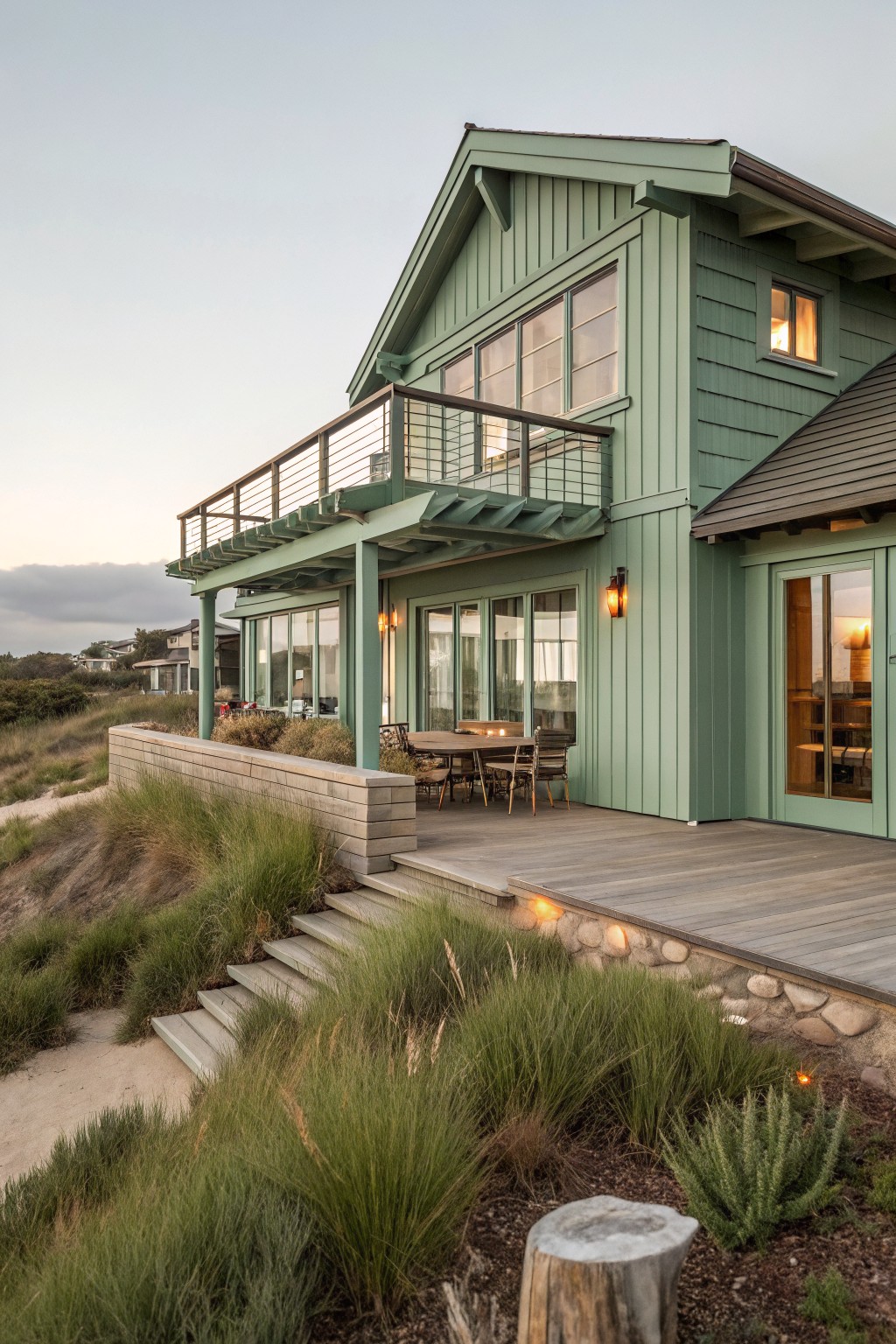 A two-story house with sage green siding, large windows, a wooden deck, and stairs leading down through tall grasses on a hillside.