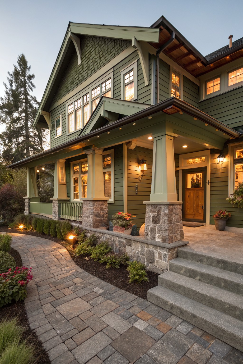 A two-story green house with a covered front porch, stone columns, and a curved brick walkway leading to concrete steps.