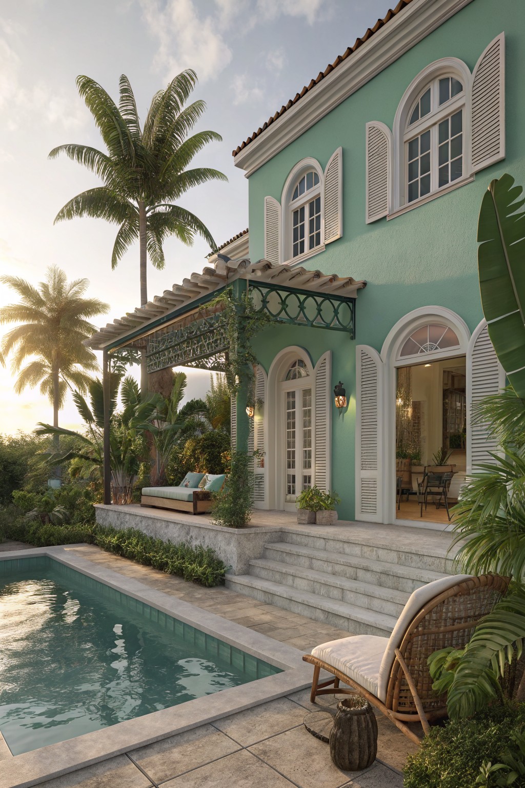 A two-story house painted in soft mint green with white trim, arched windows, and shutters, next to a swimming pool and surrounded by palm trees.