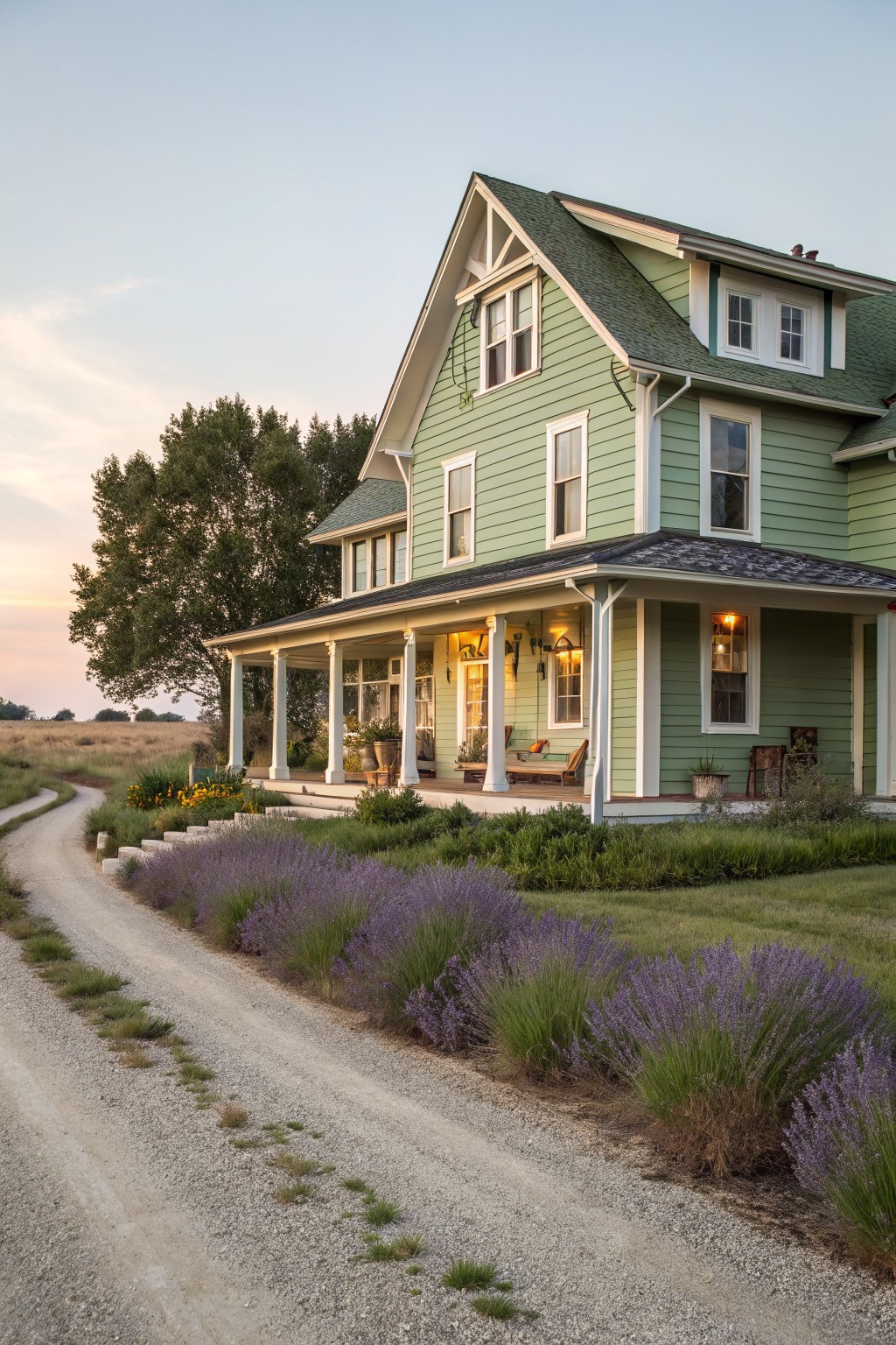 A two-story light green house with white trim, a wide front porch, and lavender plants lining a gravel driveway.