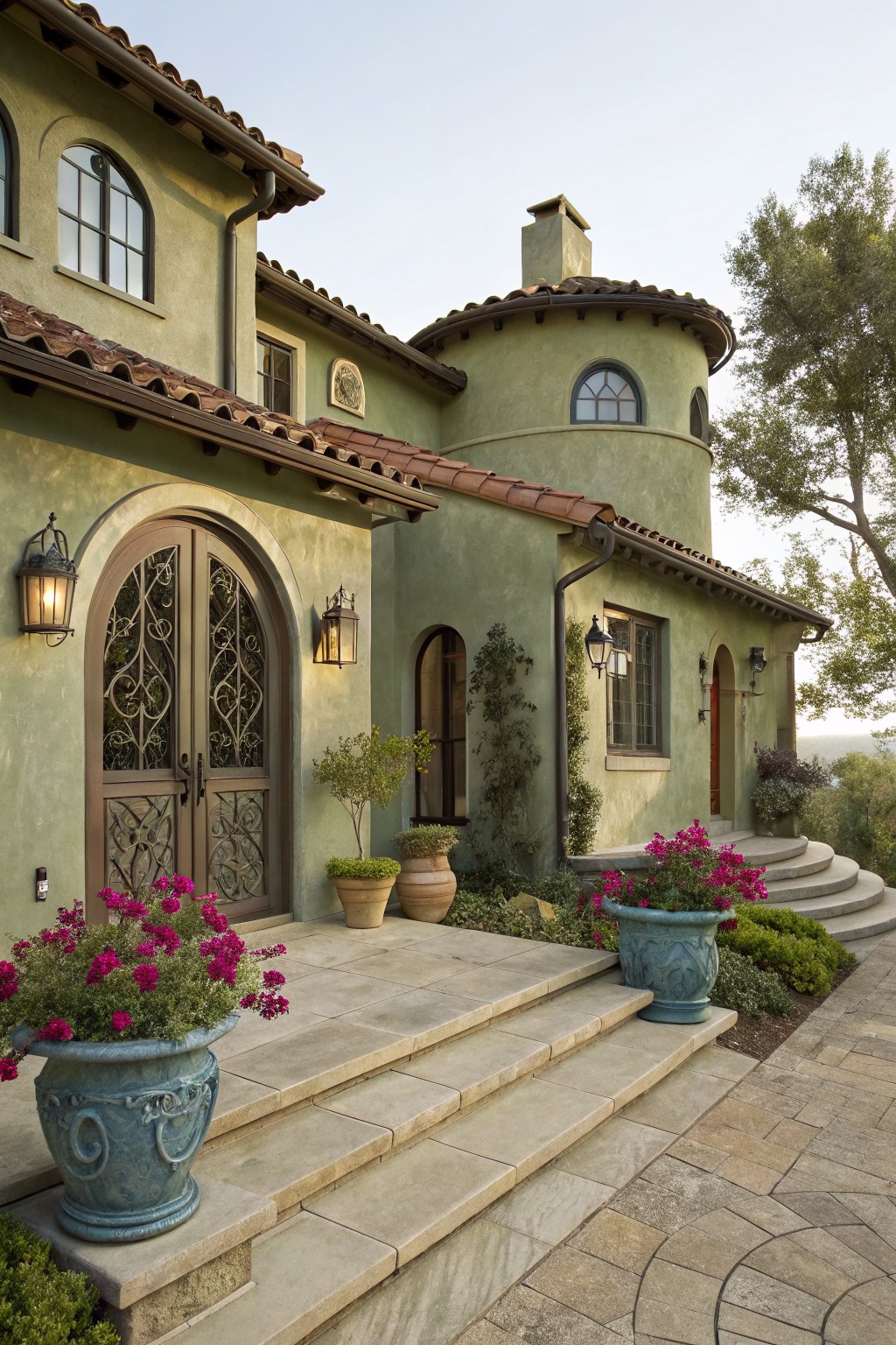 A two-story Mediterranean-style house with soft green stucco walls, terracotta tile roof, arched wooden entry doors, and stone steps lined with large blue ceramic pots filled with pink flowers.