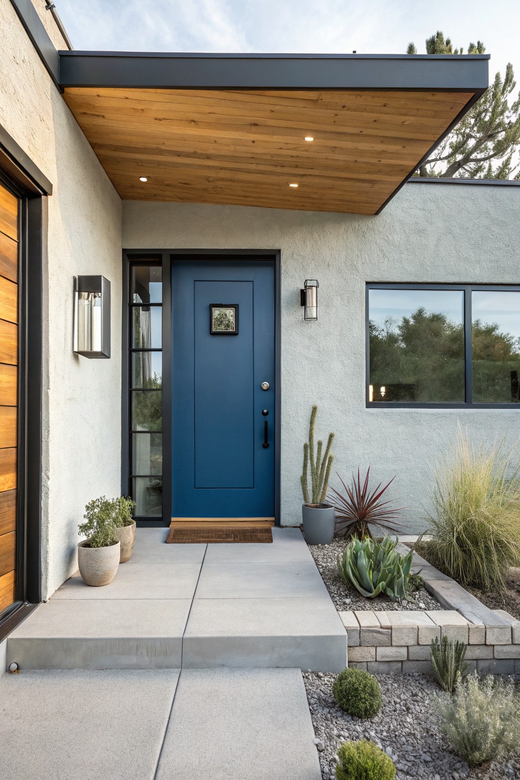 A modern home exterior featuring a deep blue front door against light gray stucco walls.