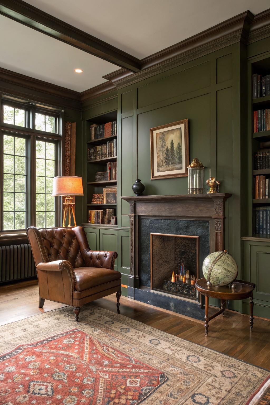 Dark green paneled walls in a traditional room with bookshelves and a fireplace.