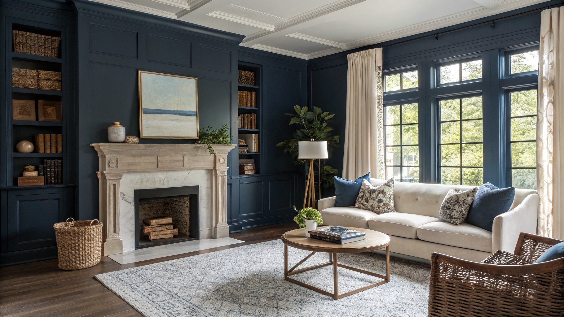 A cozy living room features deep blue walls, a marble fireplace, and a light sofa adorned with patterned pillows. Large windows let in natural light, enhancing the elegant decor.