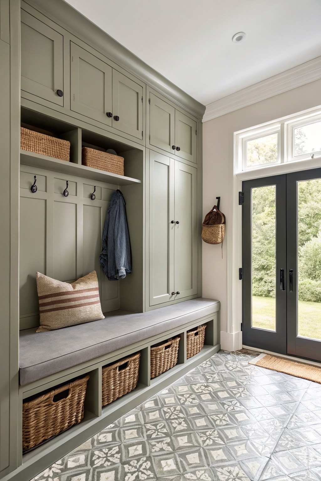 Built-in sage green cabinetry with a cushioned bench in a tiled entryway.