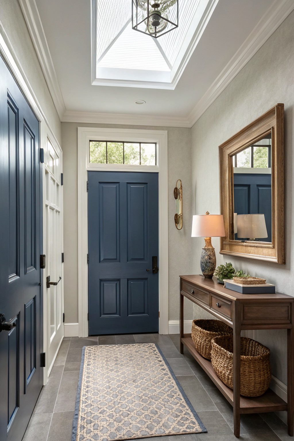 Bright foyer featuring a blue front door, wooden console table, and decorative mirror.
