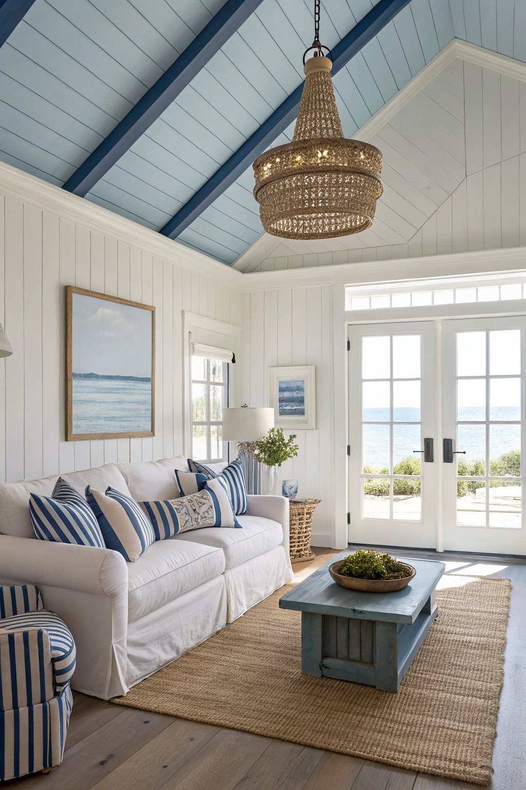 A living room with white walls and a soft blue vaulted ceiling.