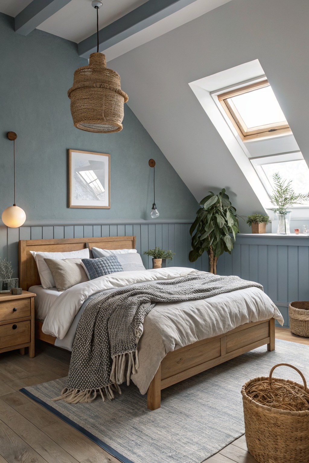 Soft blue gray walls in a bedroom with wood trim and slanted ceiling.
