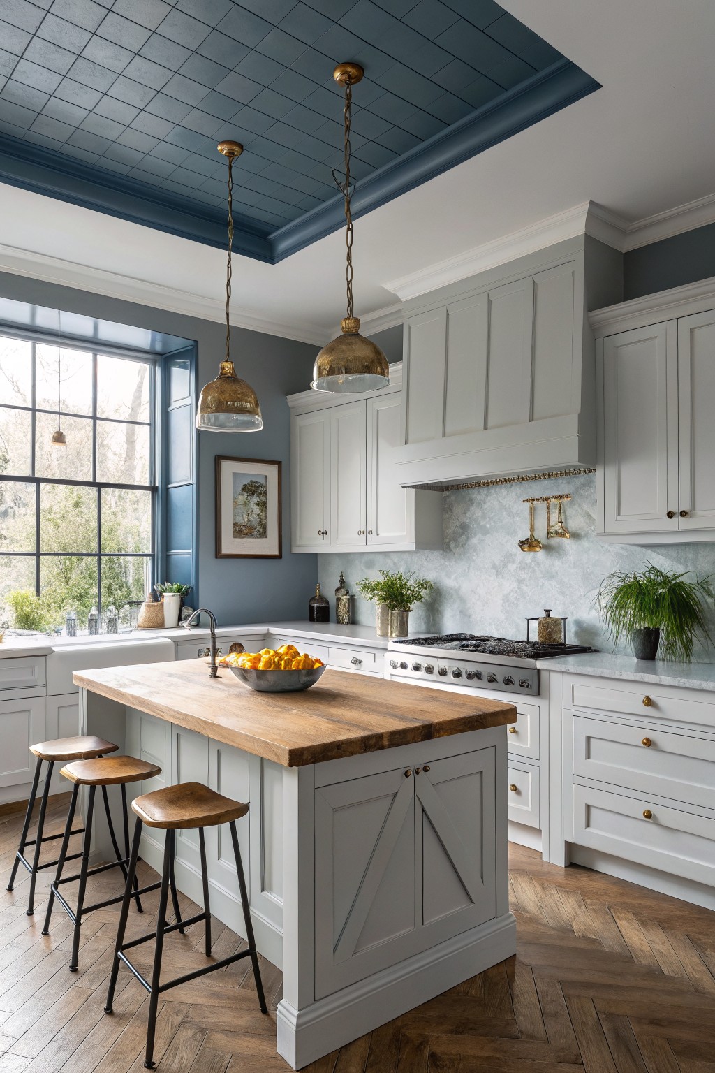 Modern kitchen featuring light gray cabinetry, wooden island, and brass pendant lights.