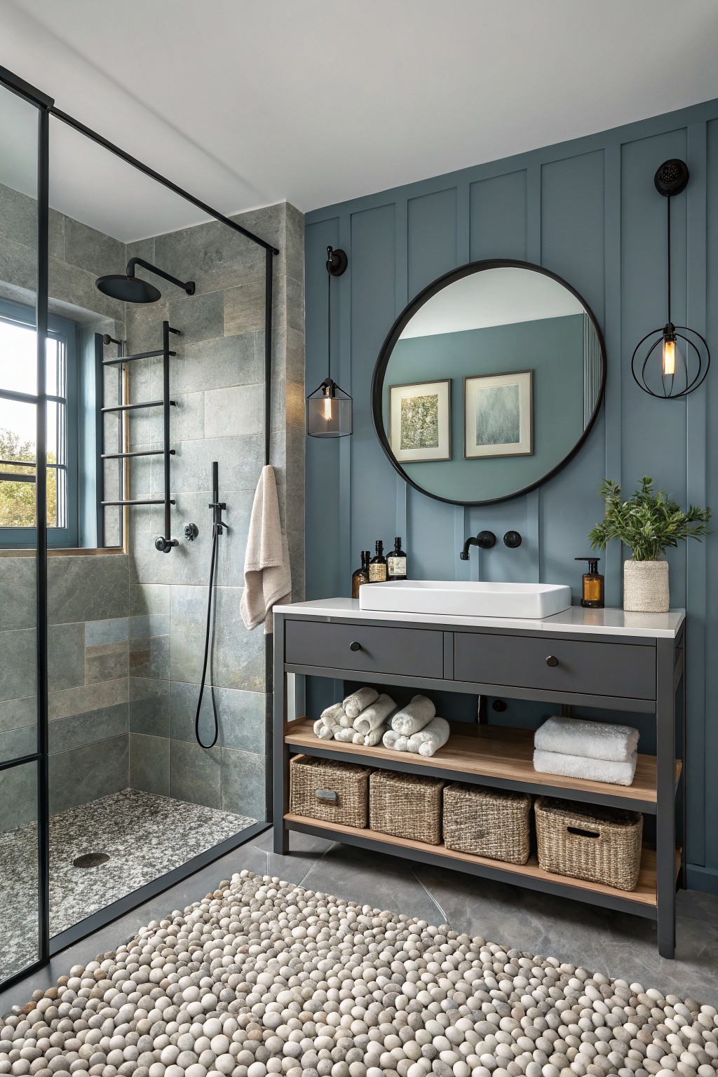 Modern bathroom featuring a glass shower, gray cabinetry, pebble rug, and stylish decor.