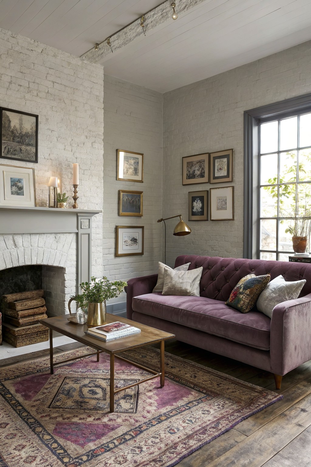 A living room with soft gray painted brick walls and a purple sofa.