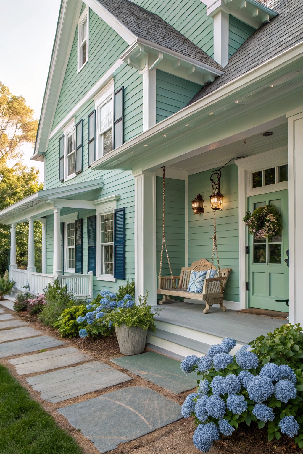 Charming mint-green house with blue shutters, swing, and lush hydrangea flowers.