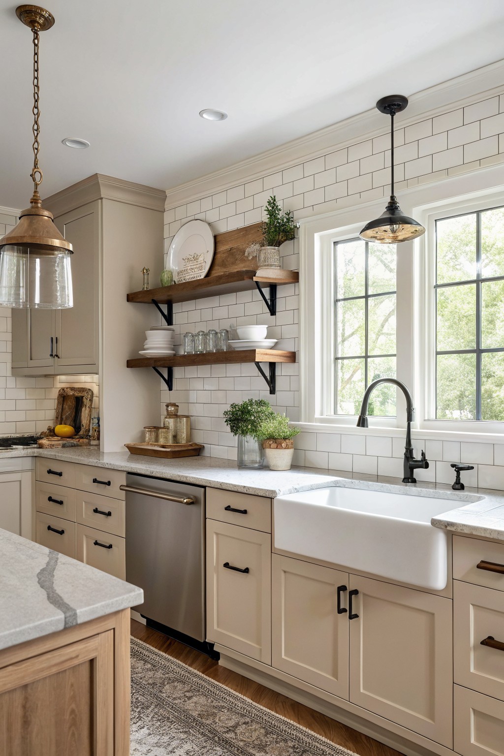 Kitchen with soft greige cabinets and a white subway tile backsplash.