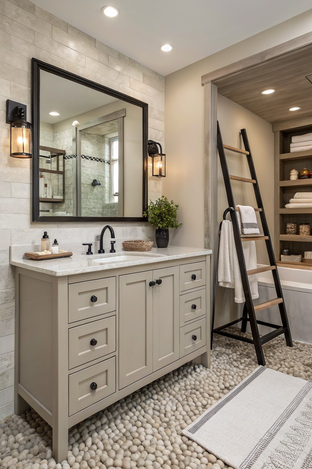 A bathroom vanity finished in soft greige with a stone tile wall behind it.