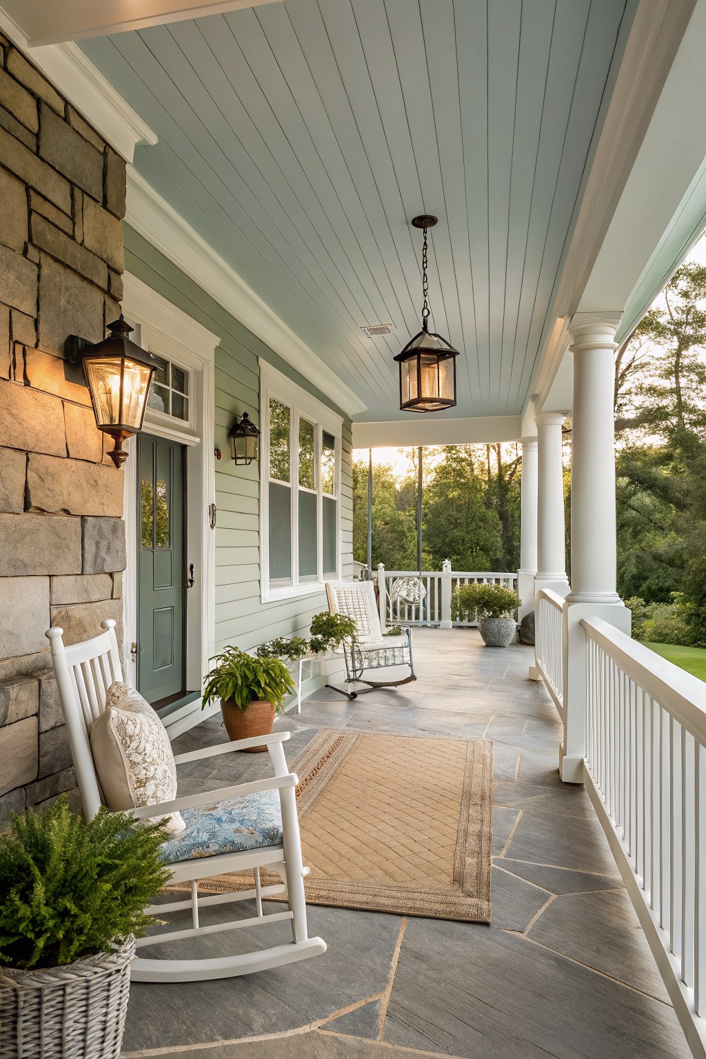 Charming porch with rocking chairs, potted plants, and hanging lanterns on a slate floor.