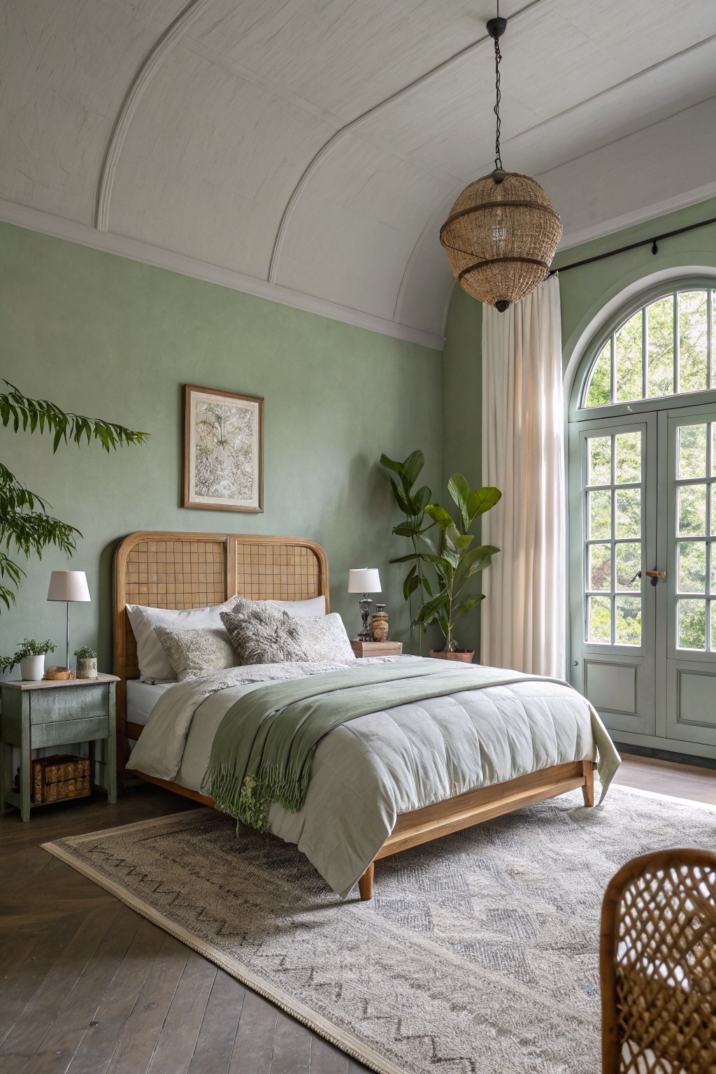 A bedroom interior with soft sage green walls and natural wood furniture.