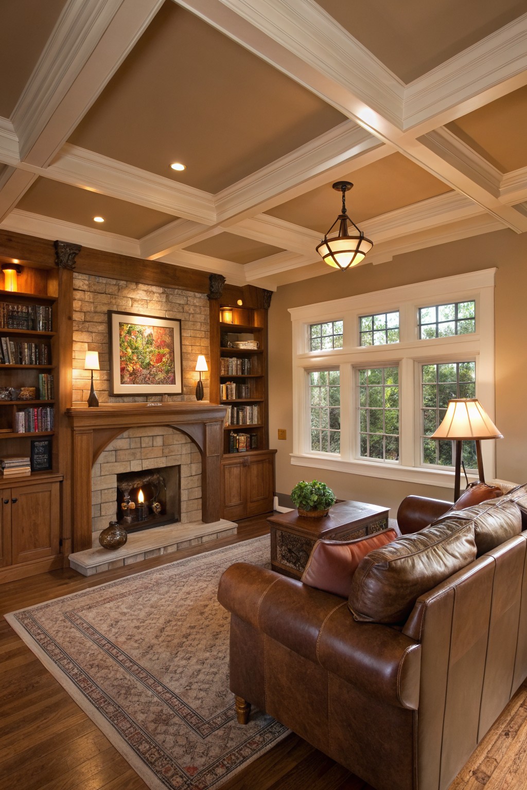 Cozy living room with a stone fireplace, wooden shelves, and leather furniture.
