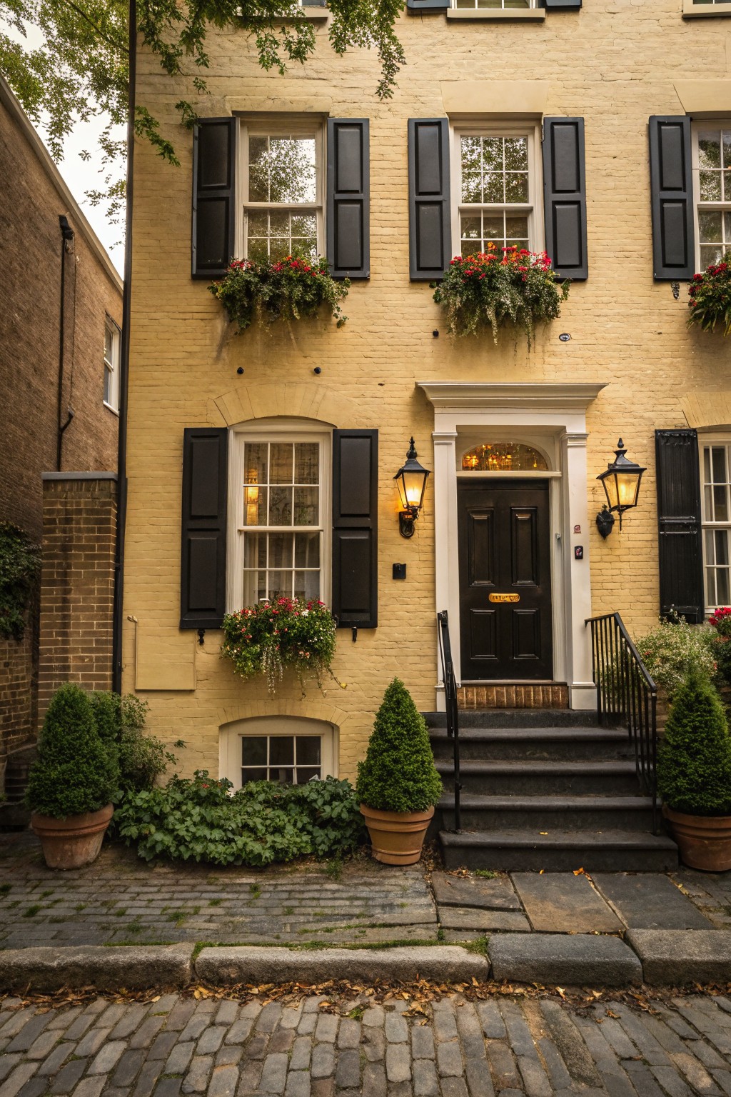 Charming yellow brick townhouse with black shutters, flower boxes, and a welcoming entrance.