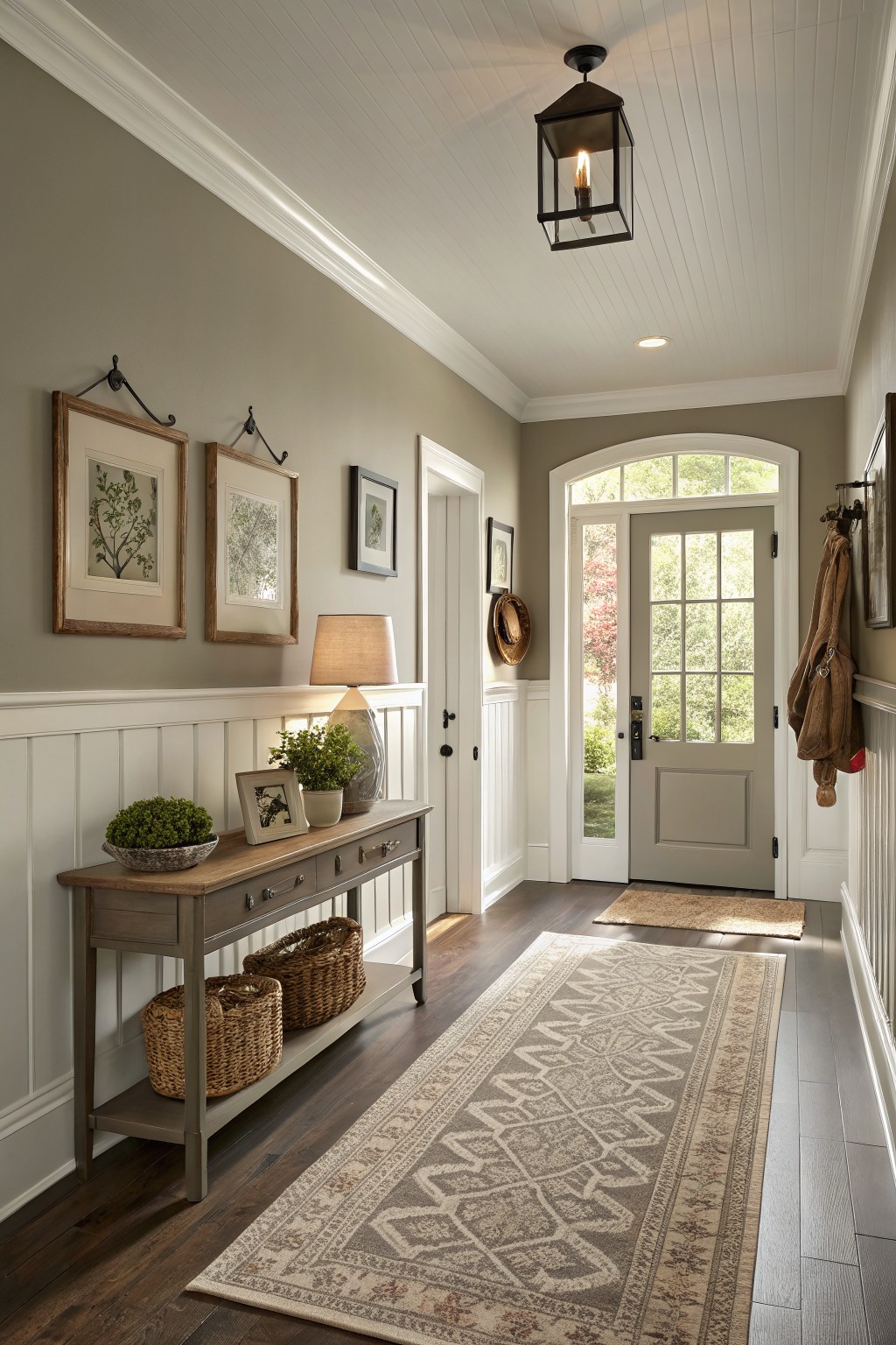 A stylish foyer with a console table, framed artwork, and a welcoming doorway.