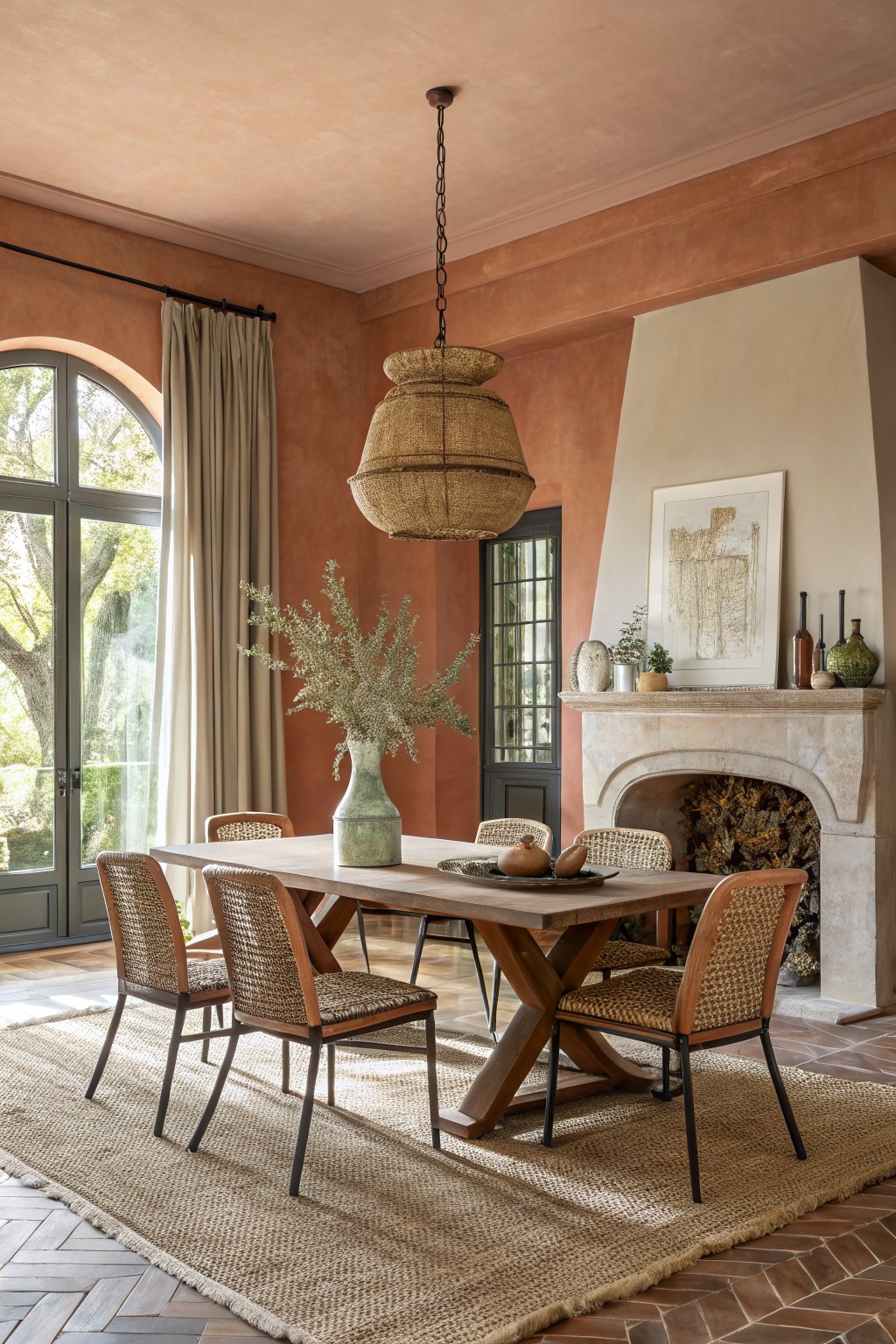 Dining room with warm terracotta walls and a wooden table under a woven light fixture.