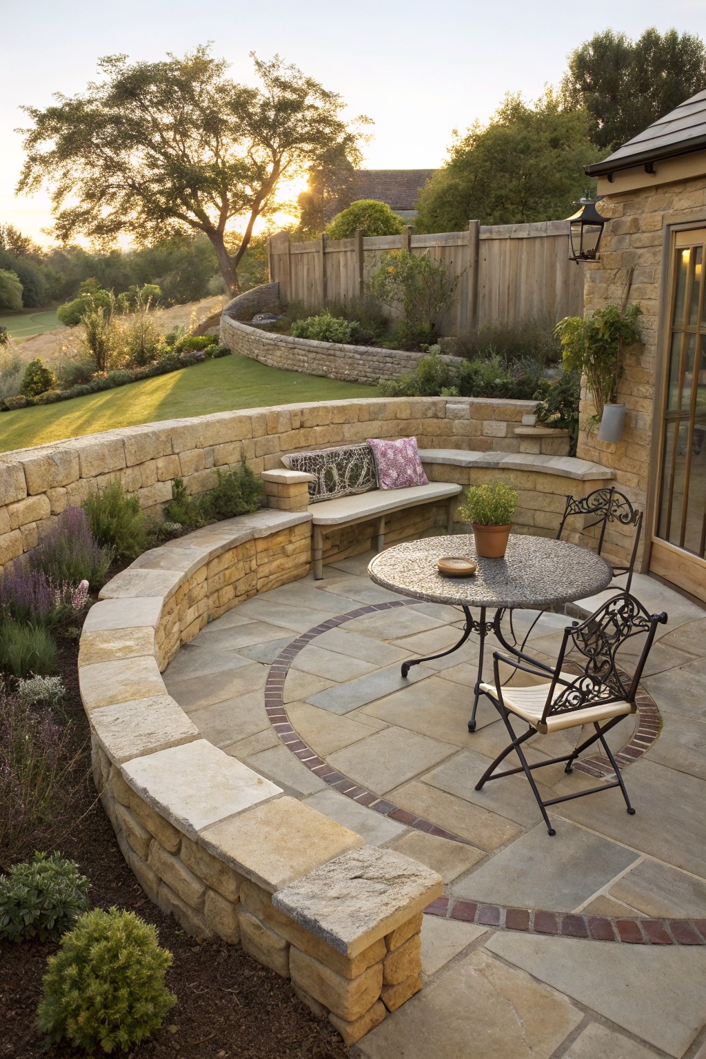 Curved beige stone wall with built-in bench topped by cushions and plants surrounds a small round metal table and two ornate metal chairs on a circular stone patio edged in brick, with garden landscaping and trees in the background at sunset.