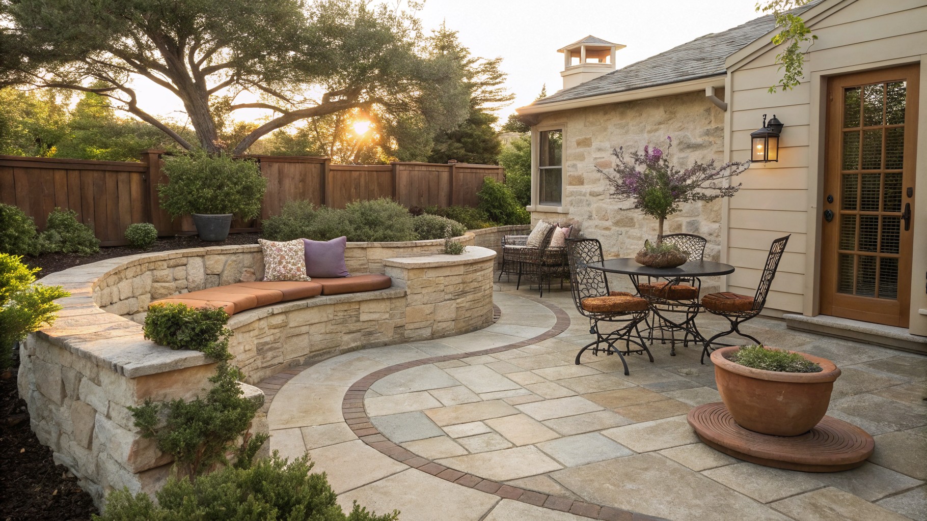 Curved beige stone wall with built-in bench topped by cushions and plants surrounds a small round metal table and two ornate metal chairs on a circular stone patio edged in brick, with garden landscaping and trees in the background at sunset.