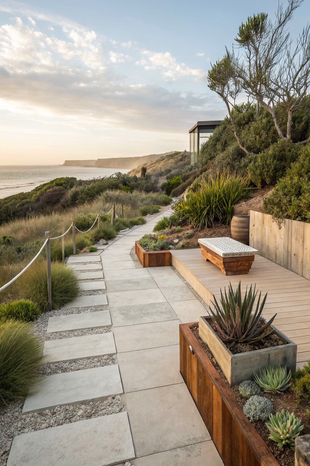 Winding pathway of large rectangular light stone pavers with gravel joints, bordered by timber retaining walls planted with succulents and grasses, leading to a wooden bench and deck on a coastal hillside overlooking the ocean at sunset.