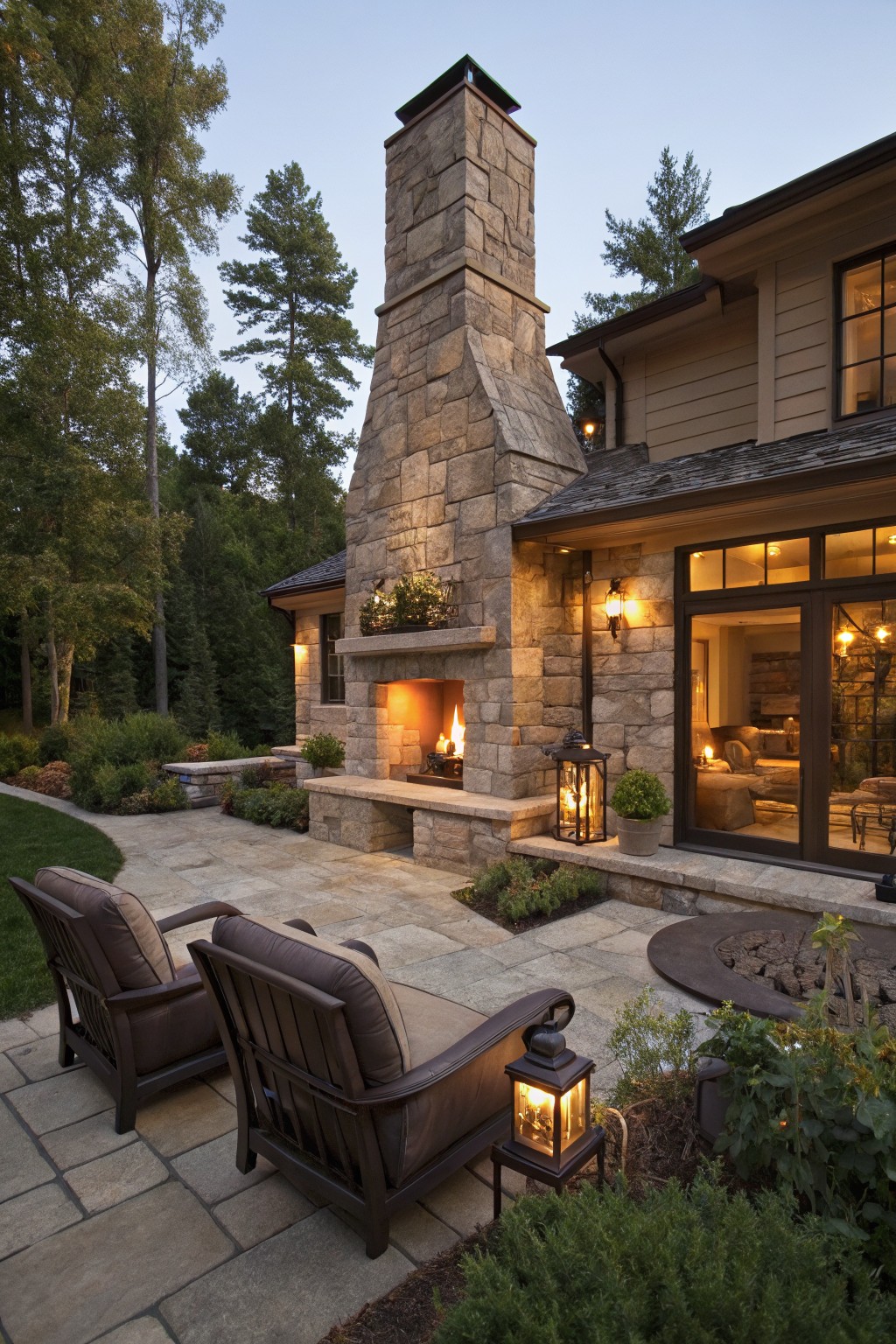 Backyard patio paved in stone with a large outdoor fireplace in a tall chimney extending from the house, two cushioned chairs, multiple lanterns, plants, and surrounding trees at dusk.