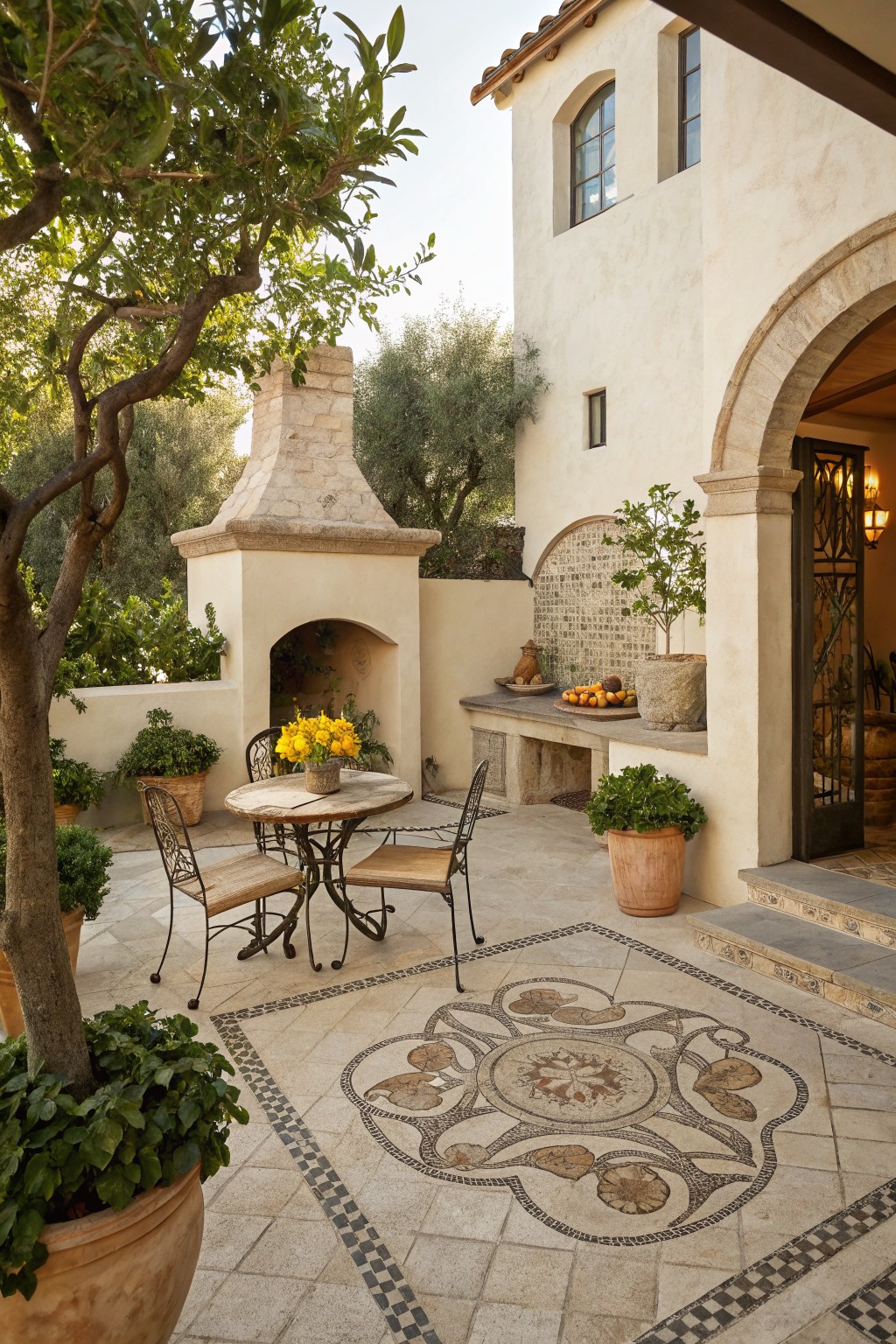 Outdoor patio with built-in arched stone fireplace, round metal table and wicker chairs, yellow flowers in vase, fruit bowl on stone ledge, potted plants, mosaic tiled floor, and beige stucco house wall with arched entry.
