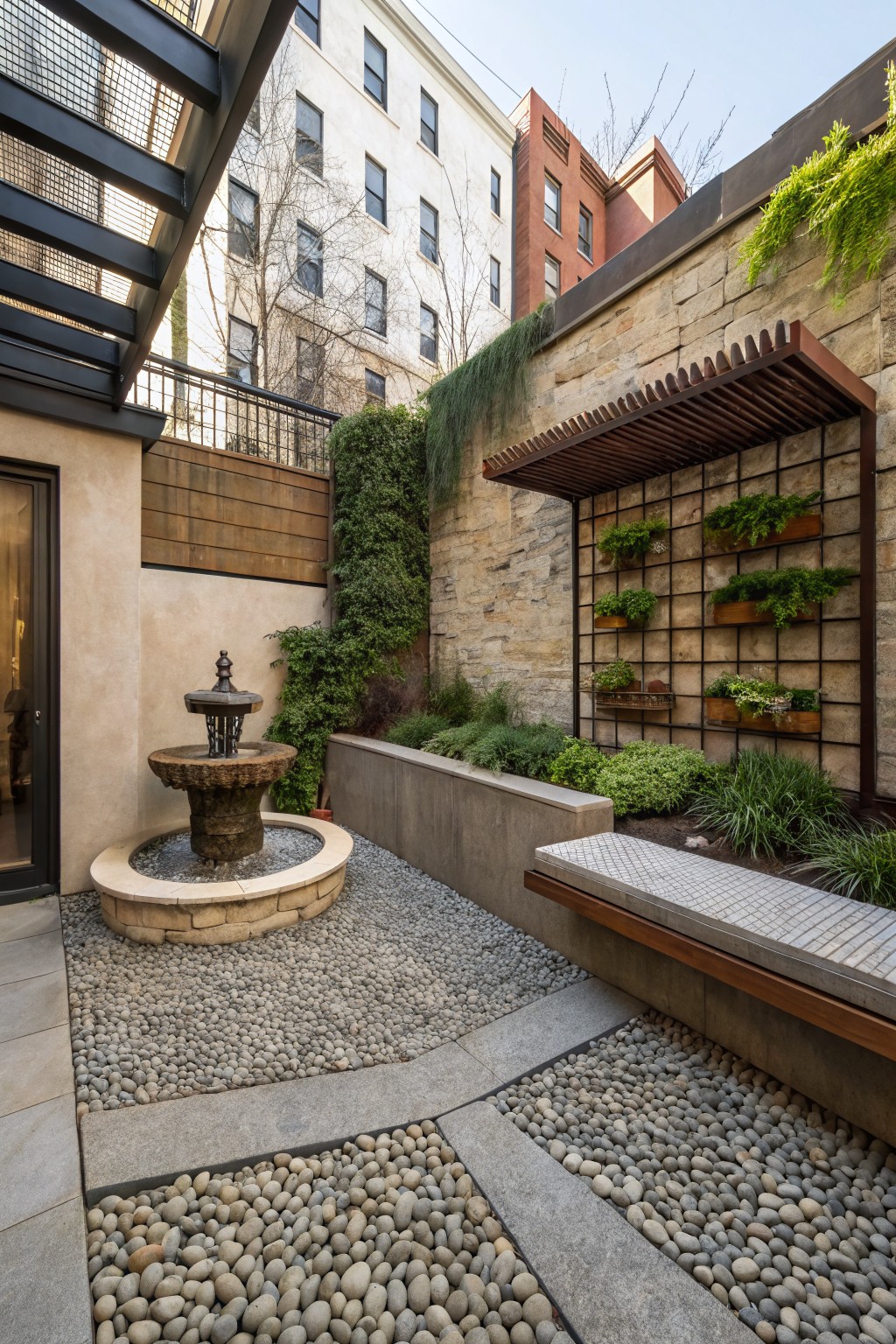 Small urban courtyard with central stone fountain on pebble base, gray pebble paths and ground cover, vertical metal planters with greenery on stone wall, built-in concrete bench, and surrounding stone and wood walls.
