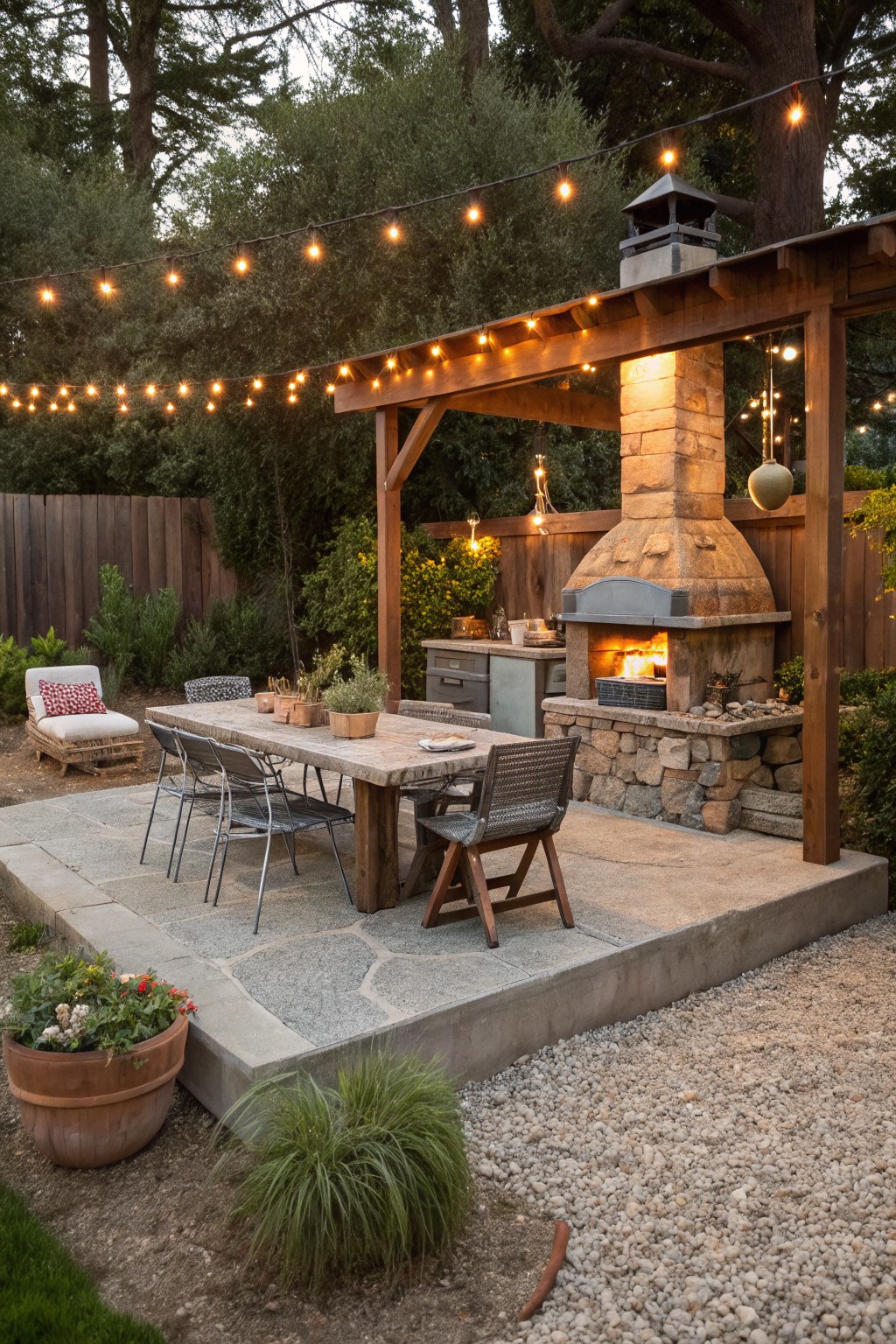 Backyard patio on a raised stone platform with a large curved stone fireplace containing a fire, wooden pergola overhead strung with globe lights, rectangular wooden dining table surrounded by metal and woven chairs, adjacent to gravel ground cover and plants.