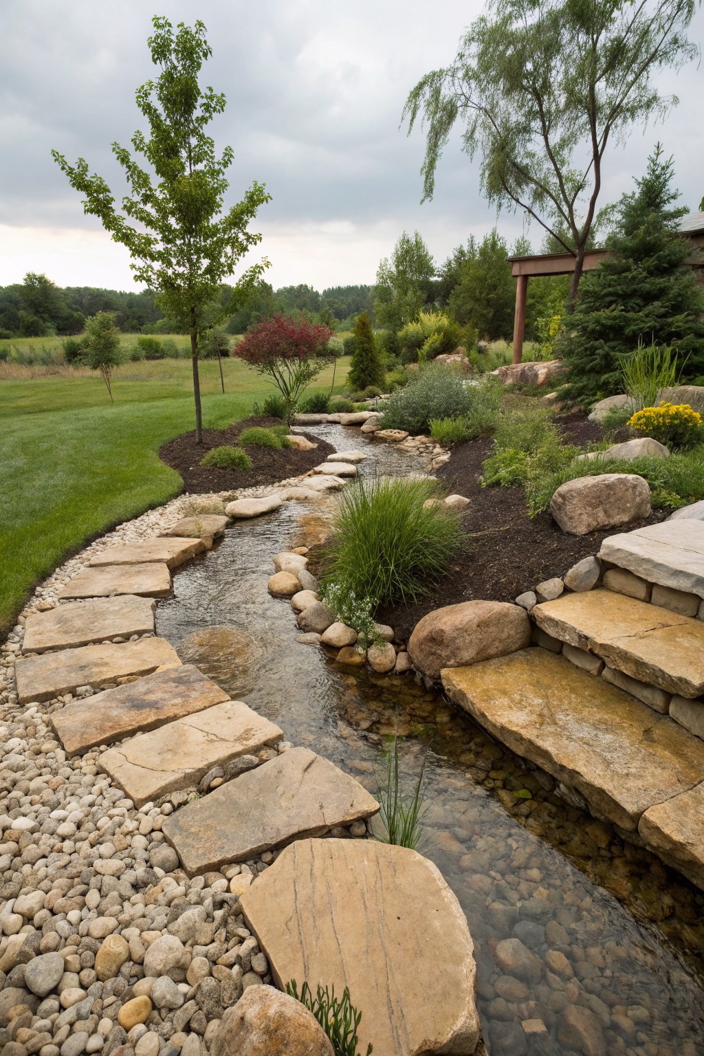 A backyard garden path of large irregular flat stones stepping across a shallow meandering stream, lined with pebbles and boulders, surrounded by mulch beds, ornamental grasses, shrubs, trees, and lawn.