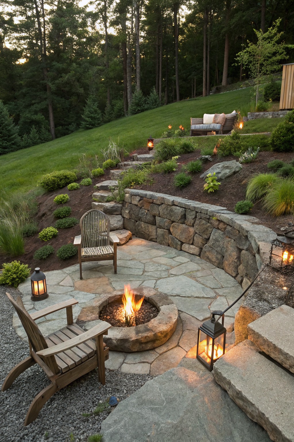 Curved dry-stack stone retaining wall enclosing a flagstone patio with stone fire pit, Adirondack chairs, lanterns, steps, and plantings on a grassy hillside surrounded by trees.