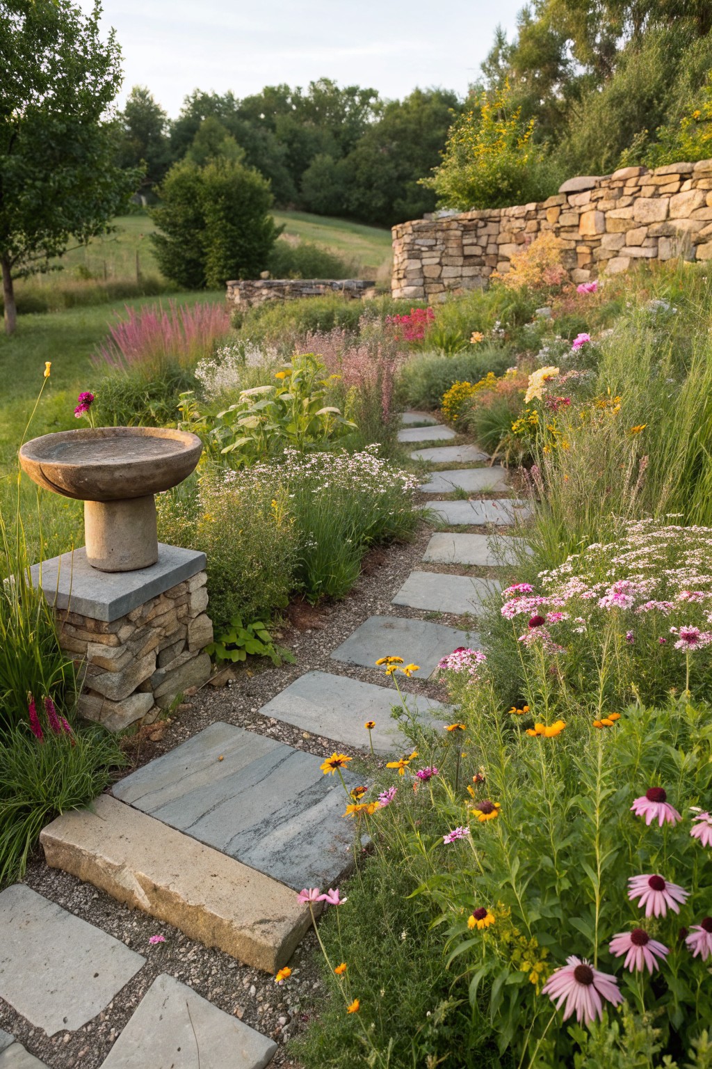 Winding flagstone path through dense garden bed of colorful perennials including pink coneflowers and yellow black-eyed Susans, with a pedestal stone birdbath adjacent to the path, dry-stone wall and trees in background.