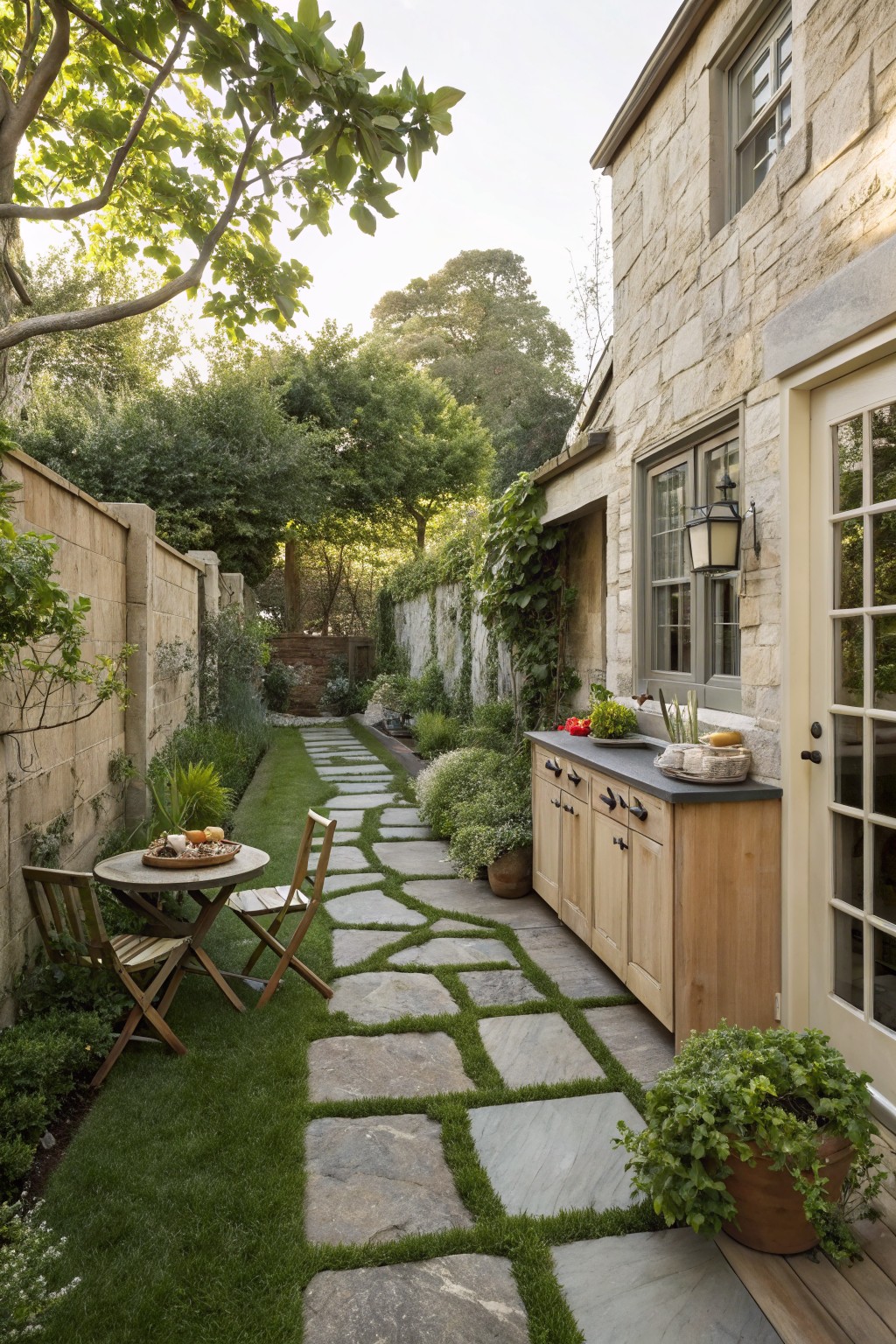 Narrow side yard pathway of irregular gray stone slabs set into green grass strips, lined with plants and shrubs beside a beige stone house wall featuring wooden cabinets, a countertop with food, folding chairs at a table, and French doors.