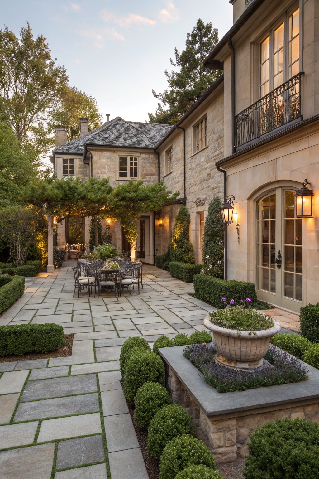Stone patio with large rectangular pavers separated by grass strips, featuring an outdoor dining table and chairs, boxwood hedges, potted plants, and adjacent stone house exterior in a landscaped backyard.