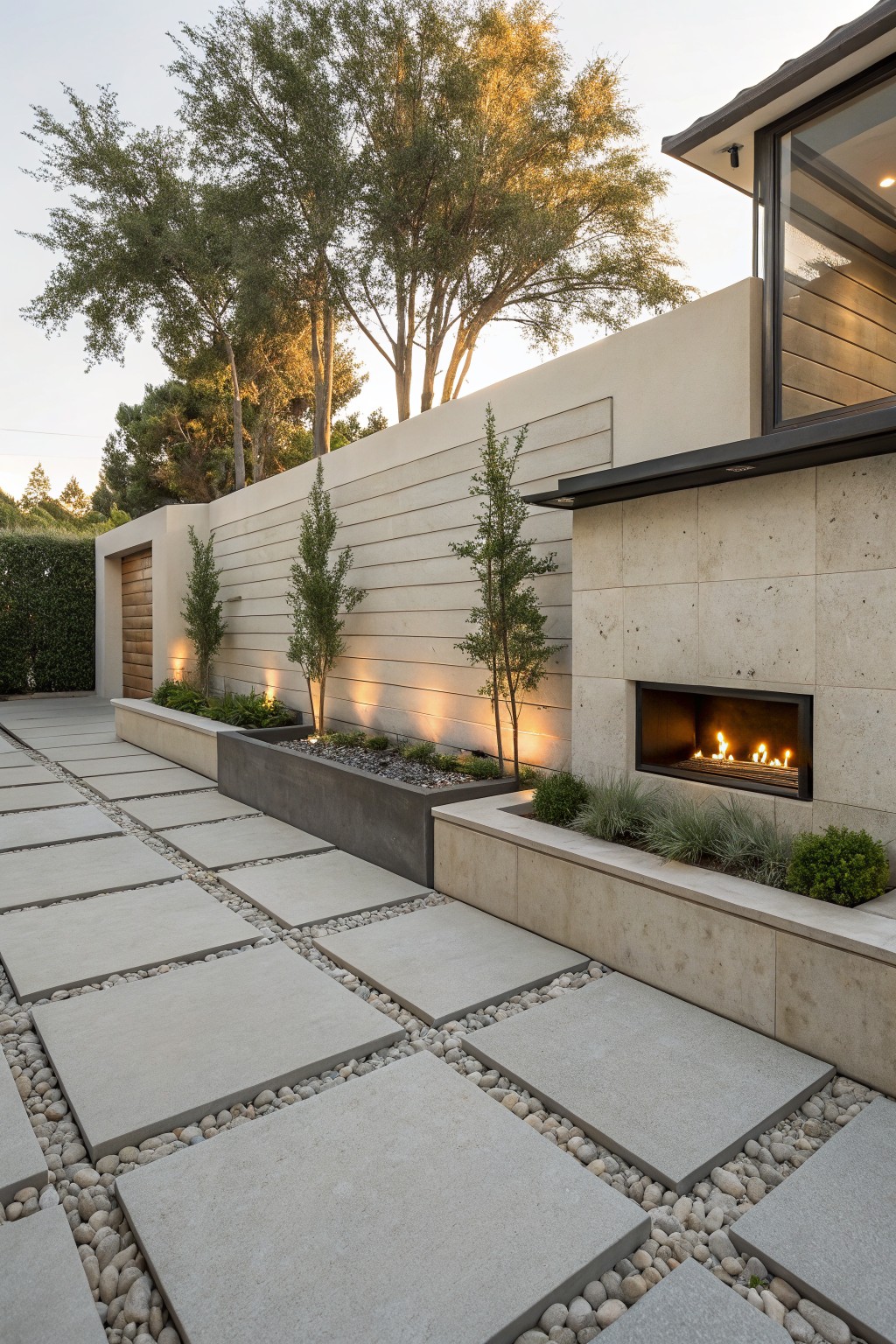 Backyard patio with large rectangular light gray stone pavers separated by white pebble joints, adjacent to a beige stucco wall with built-in planters, slim trees, uplighting, and a linear gas fireplace.