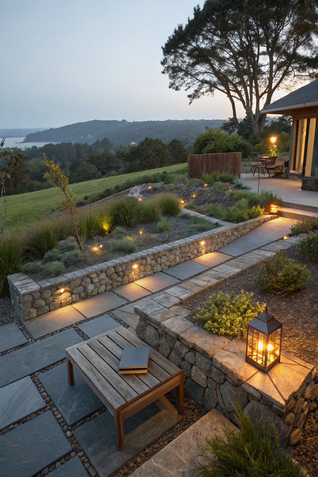 Stone retaining walls with recessed lights along slate paver paths in a sloped backyard garden, featuring plants, a wooden table with book, lantern, and distant hill and water view at dusk.