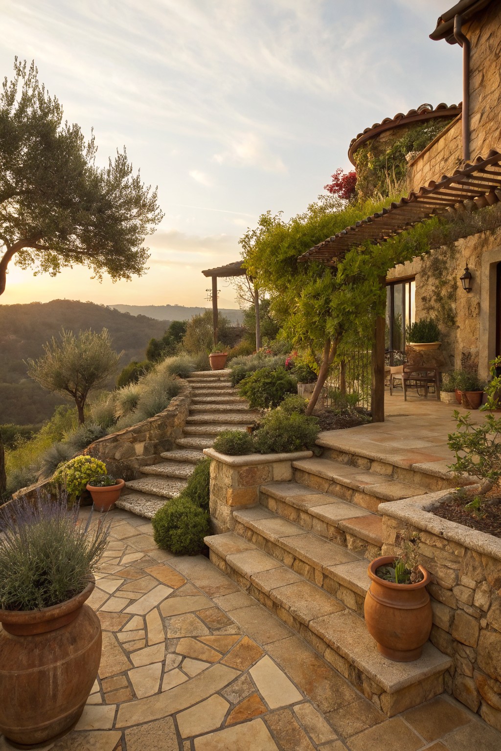 Wide stone steps with irregular flagstone treads ascend a sloped backyard to a terrace outside a stucco house, flanked by stone retaining walls, terracotta pots of lavender, olive trees, and climbing vines on a pergola, with hills in the background at sunset.