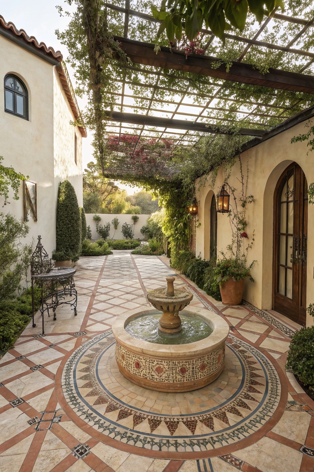 Outdoor courtyard patio with central round stone fountain on intricate red and beige patterned tile floor, wrought-iron table and chairs nearby, potted plants, vine-covered pergola overhead, and stucco walls with arched doorways.
